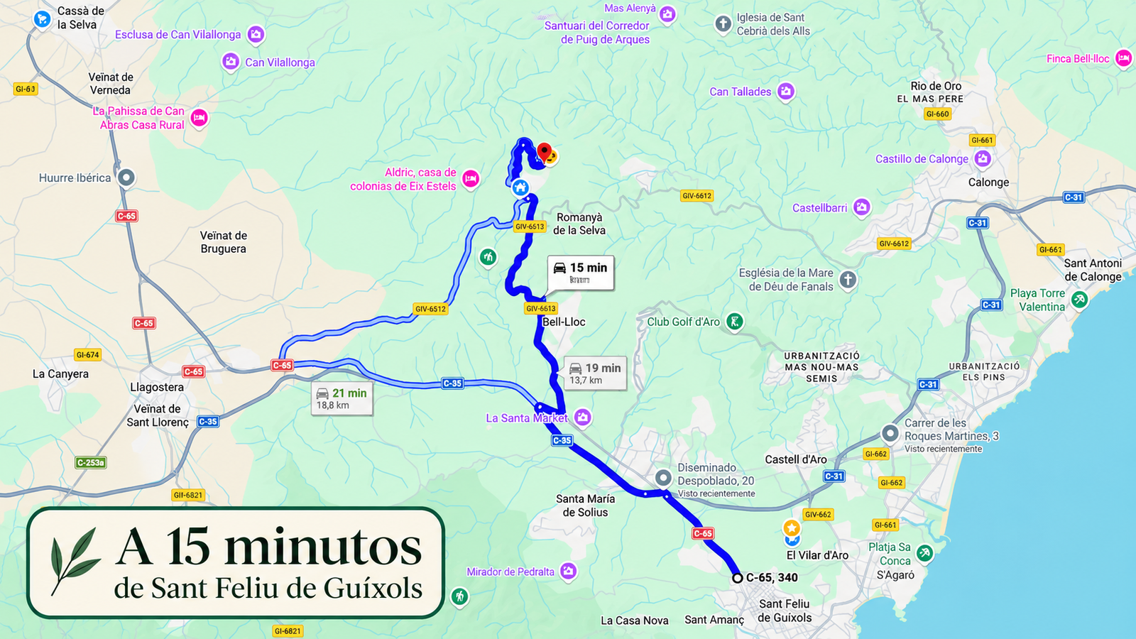 Mapa de la ruta de 15 minutos desde Sant Feliu de Guíxols hasta la casa